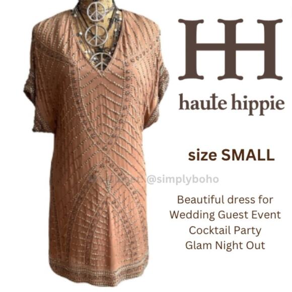 HAUTE HIPPIE women's cocktail party tan embellished beaded mini dress - SMALL - Picture 1 of 16